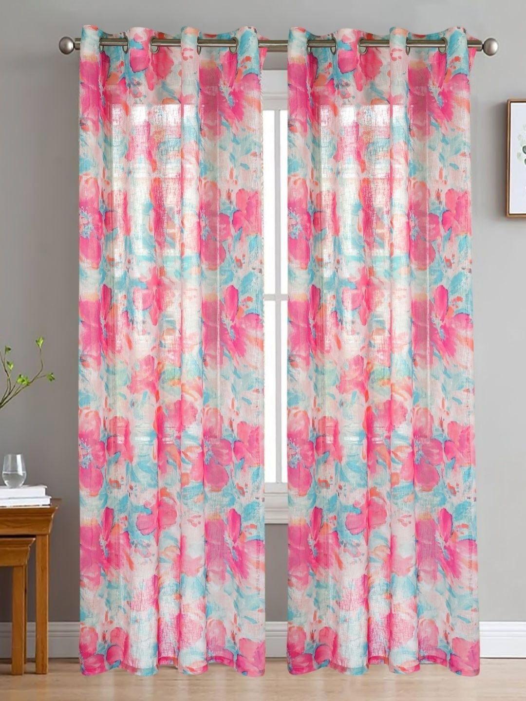 

HOMADORN Pink & Turquoise Blue 2 Pieces Floral Printed Linen Sheer Window Curtains