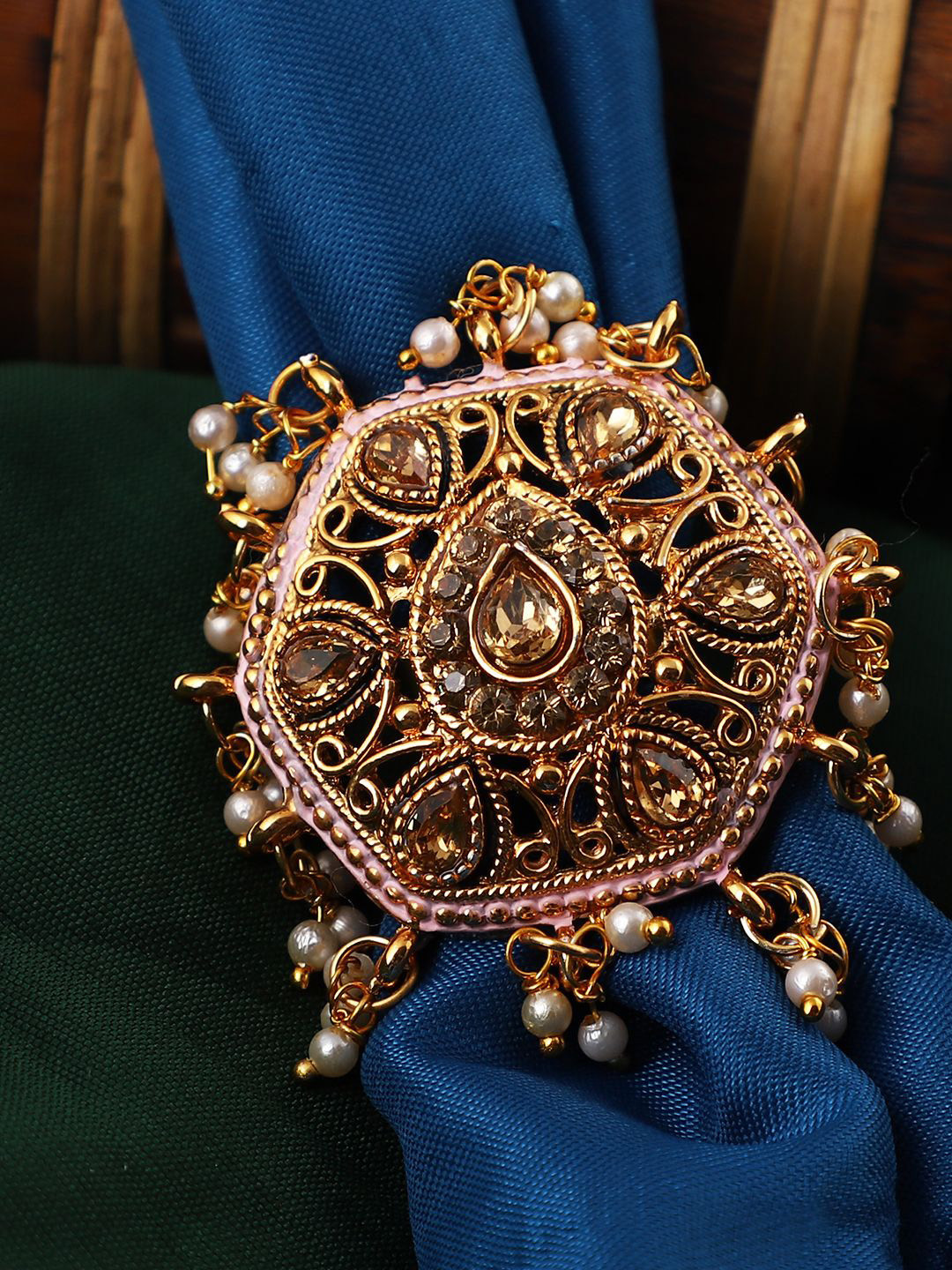 

ANIKAS CREATION Gold-Plated Stones-Studded & Beaded Adjustable Finger Ring
