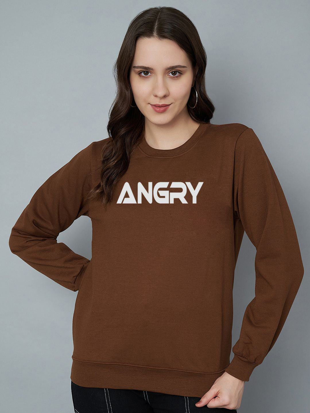 

Trend Level Women Typography Printed Fleece Ribbed Pullover Sweatshirt, Brown