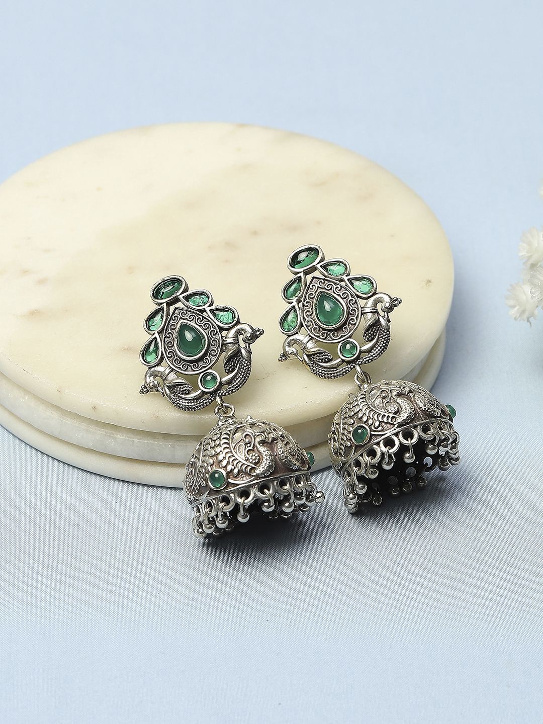 

Biba Stone Studded & Beaded Dome Shaped Oxidised Jhumkas, Green