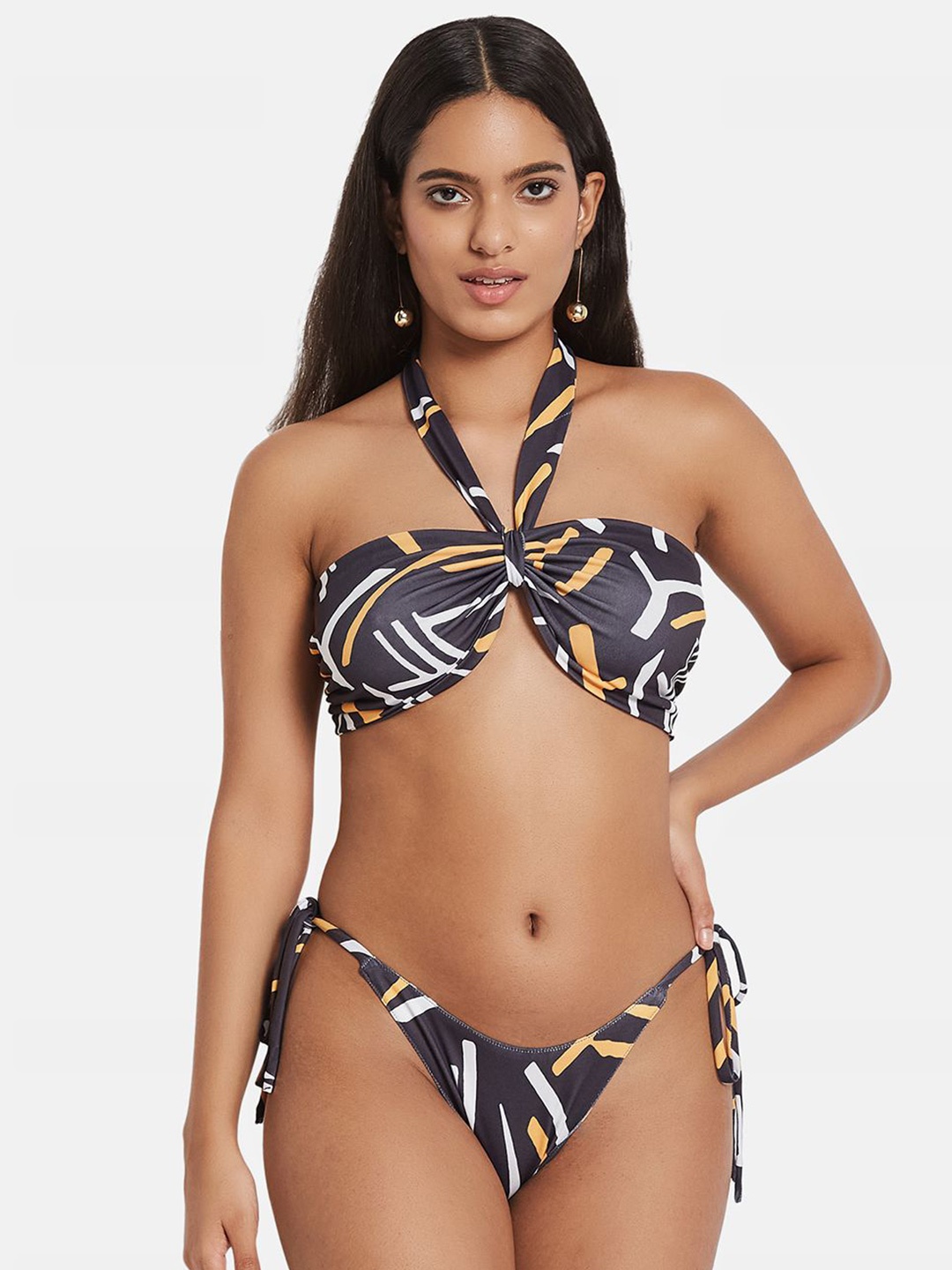 

SECRETS BY ZEROKAATA Printed Swim Bikini Set, Black