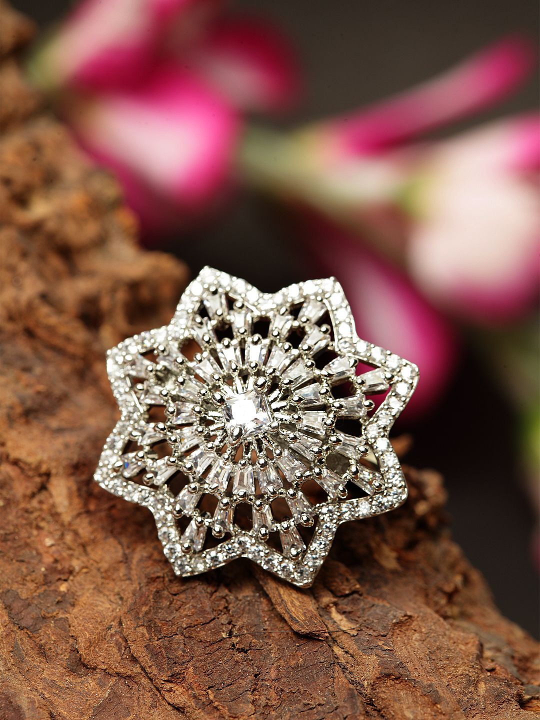 

ANIKAS CREATION Silver Plated American Diamond Studded Finger Ring