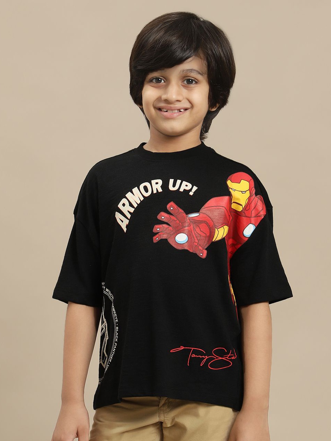 

Kids Ville Boys Iron Man Graphic Printed Pure Cotton Oversized Tshirt, Black