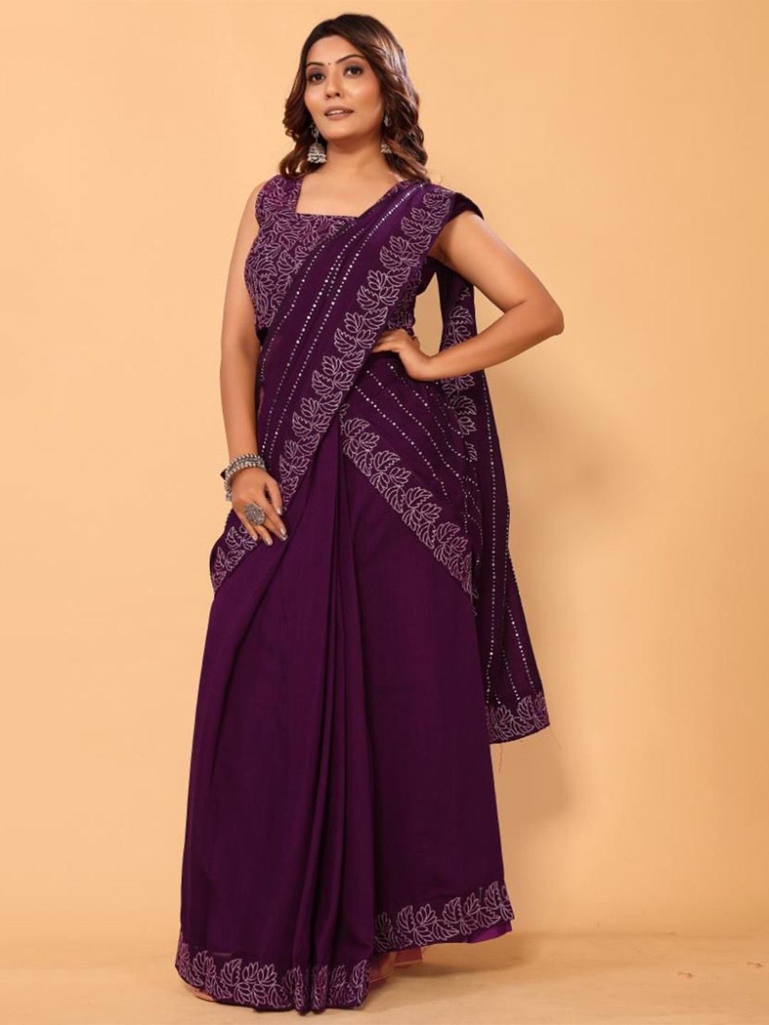 

PATLANI STYLE Floral Embroidered Ready to Wear Saree, Purple