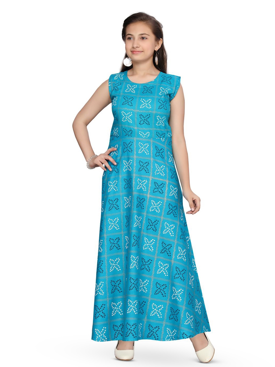 

BAESD Girl Round Neck Ethnic Motifs Maxi Dress, Turquoise blue