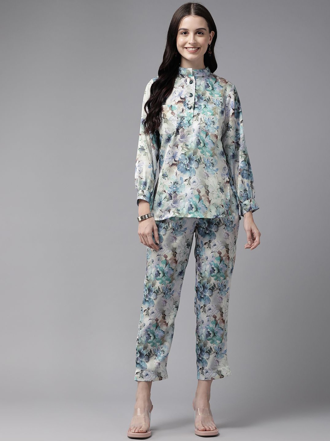 

BAESD Pure Silk Floral Printed Mandarin Collar Top With Trouser, Turquoise blue