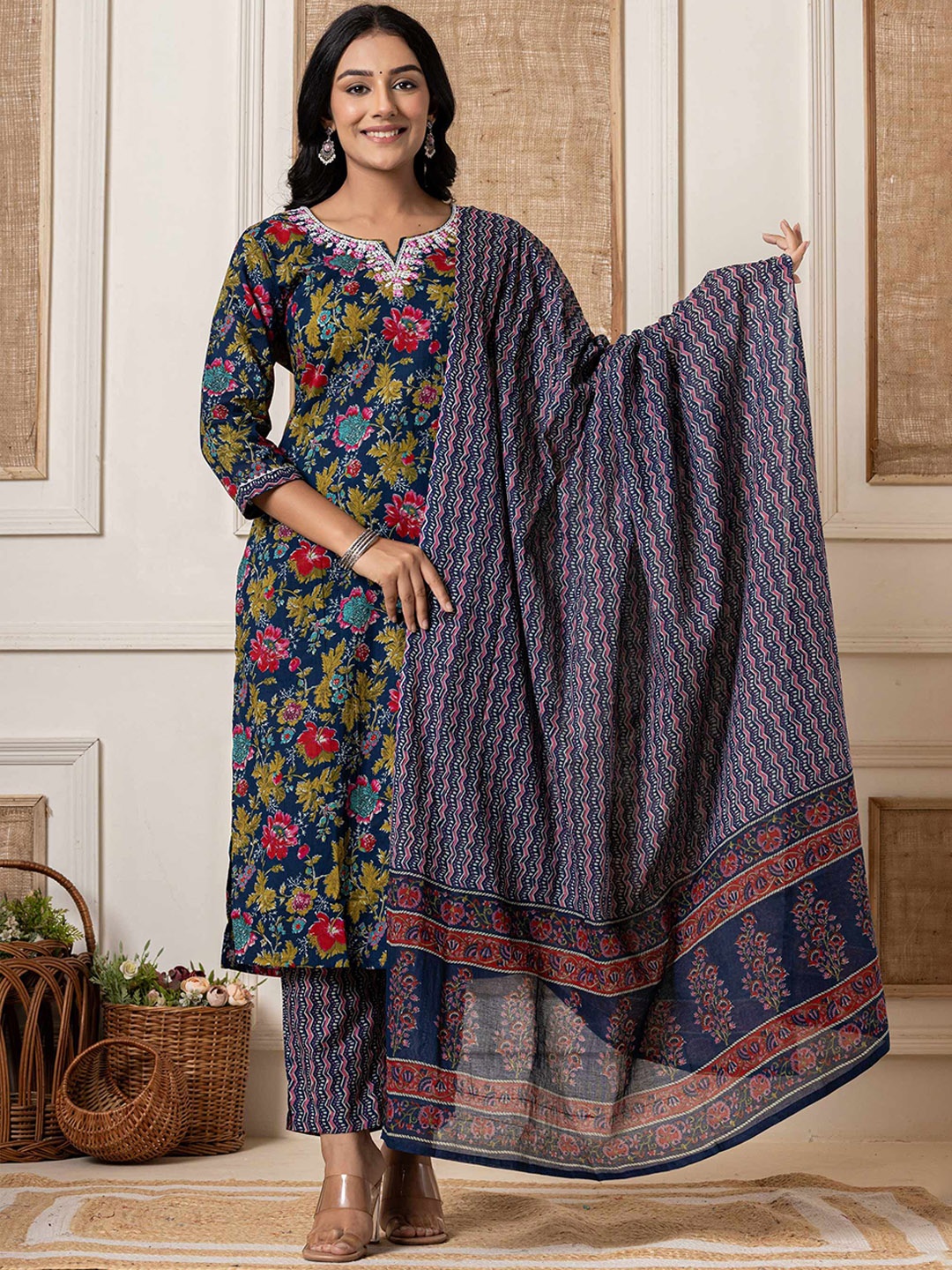 

Benaaz Women Floral Printed Embroidered Pure Cotton Kurta with Trousers & Dupatta, Blue
