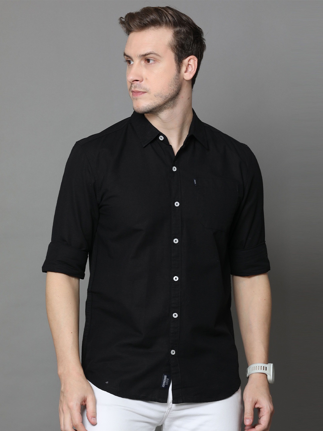 

Rope Men Classic Spread Collar Solid Cotton Slim Fit Casual Shirt, Black
