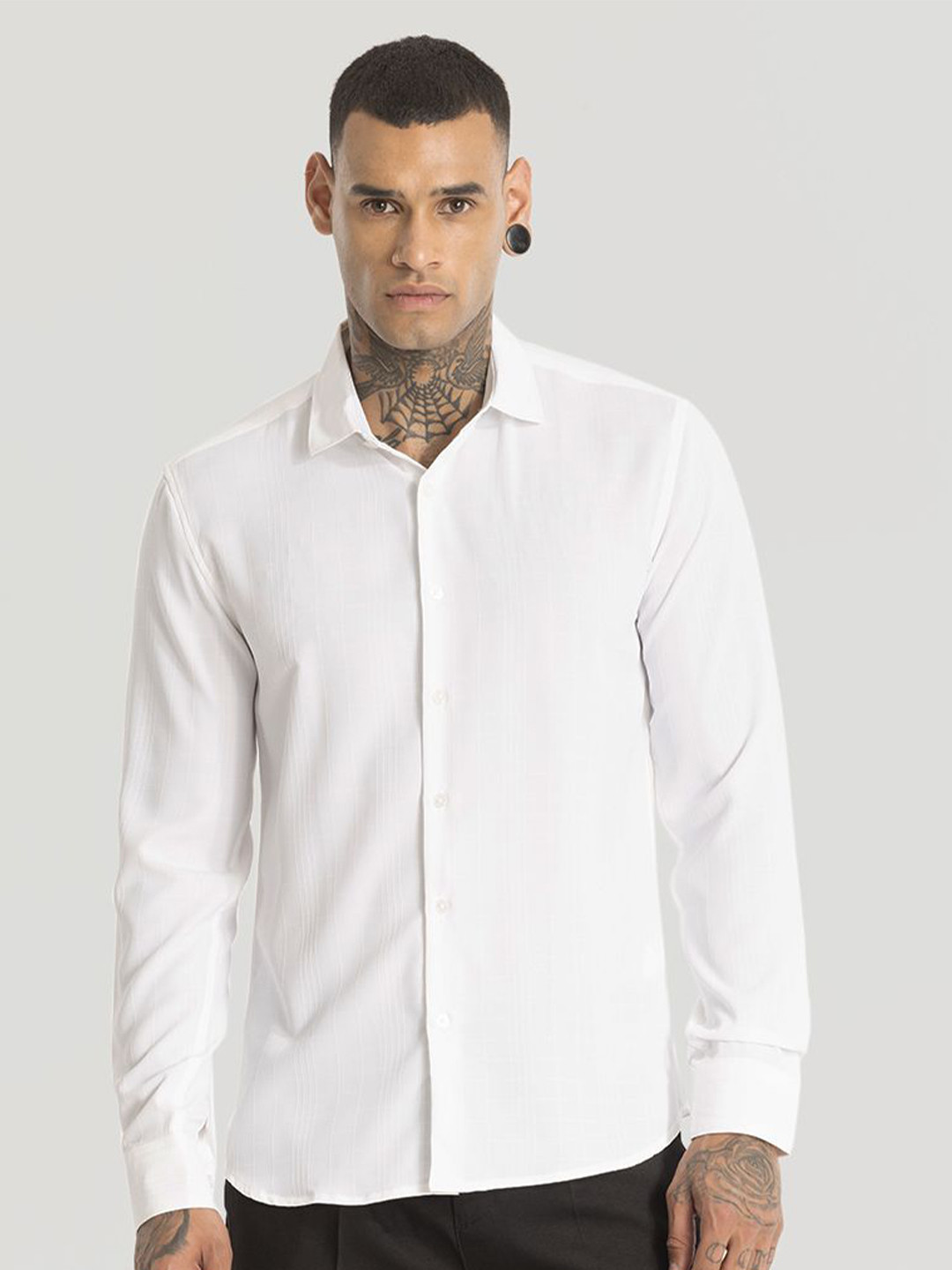 

Snitch Men Smart Spread Collar Textured Slim Fit Semiformal Shirt, White