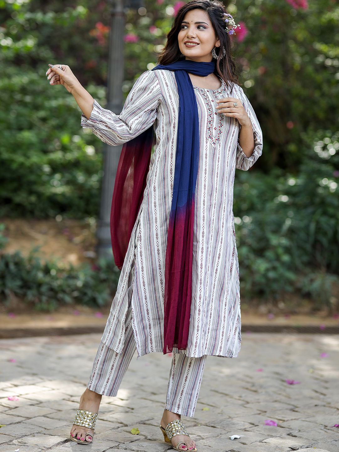 

KEOSA Women Striped Embroidered Regular Kurta with Trousers & With Dupatta, Beige