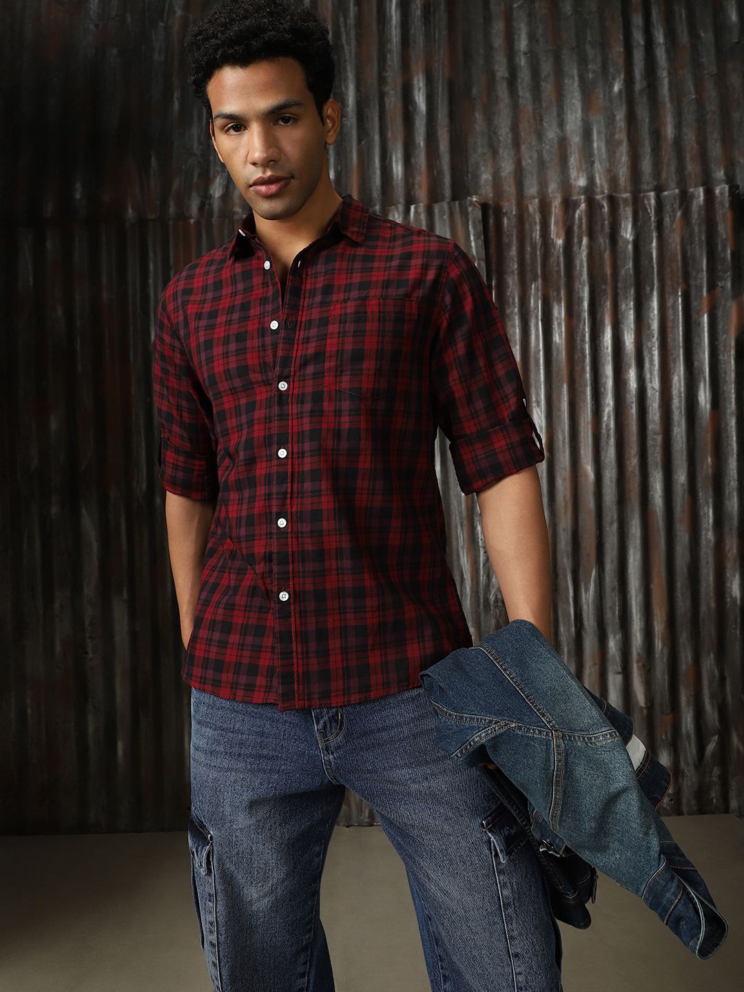 

High Star Men Classic Tartan Cotton Regular Fit Checked Casual Shirt, Red