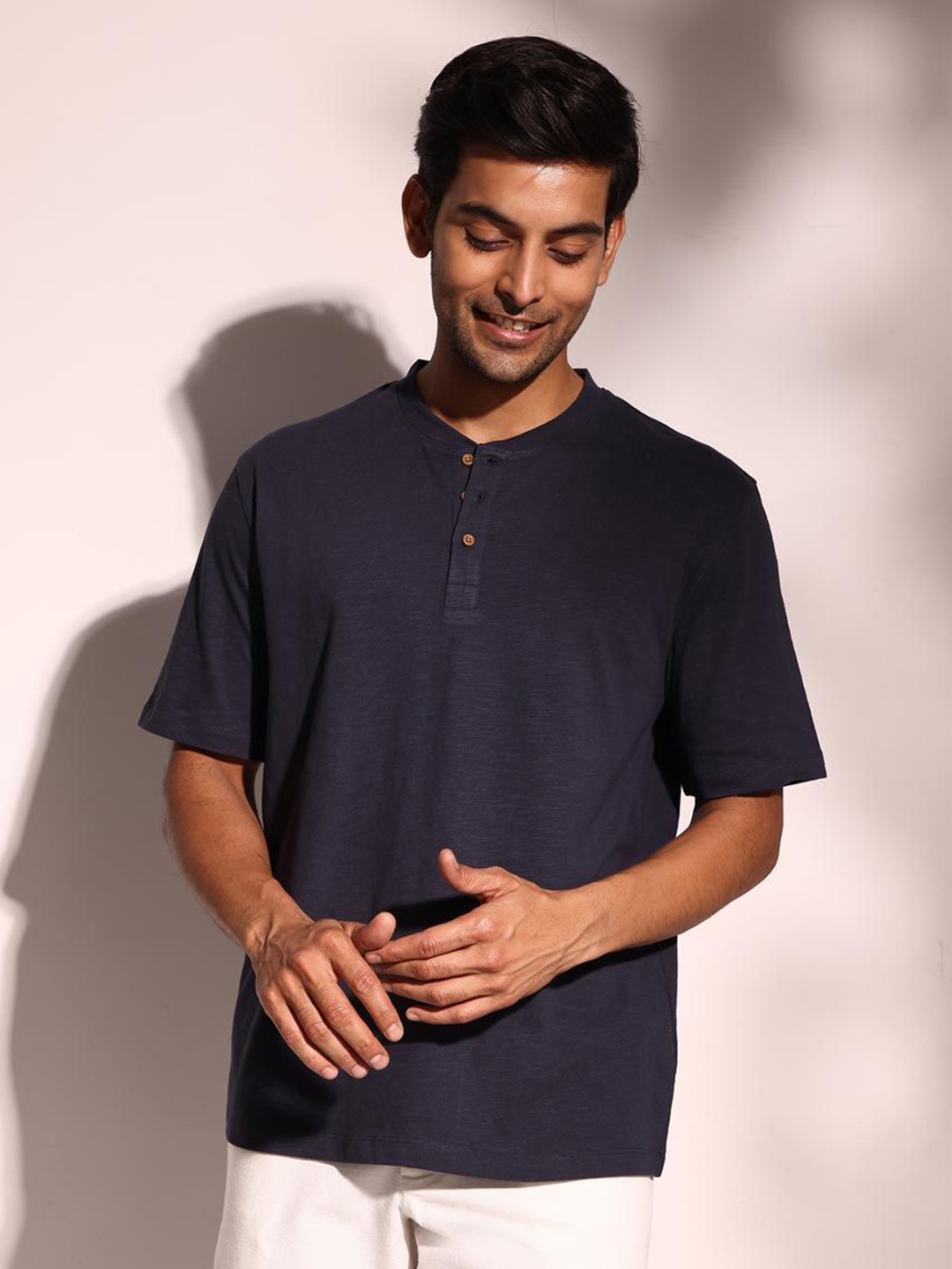 

Fabindia Men Solid Henley Neck Cotton Relaxed Fit T-shirt, Navy blue