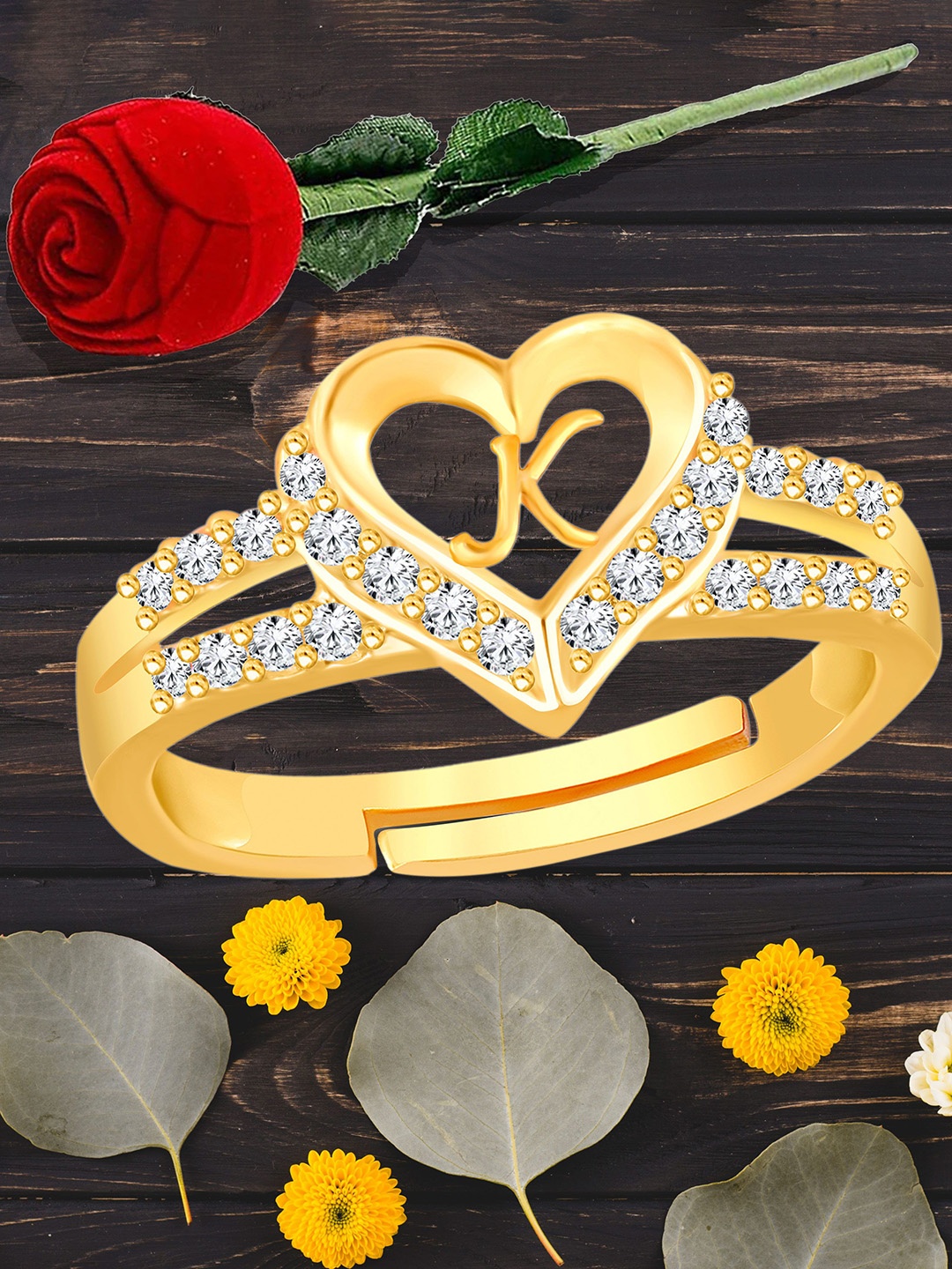 

Heer Collection Gold-Plated American Diamond Studded Alphabet K Adjustable Finger Ring
