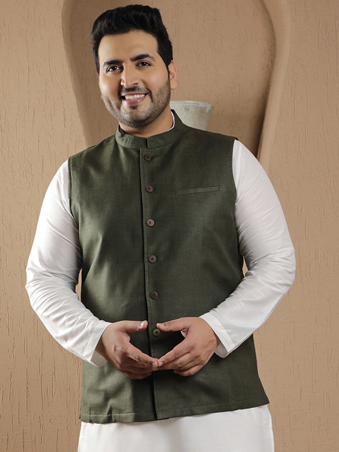 

Sztori Woven Design Nehru Jacket, Green