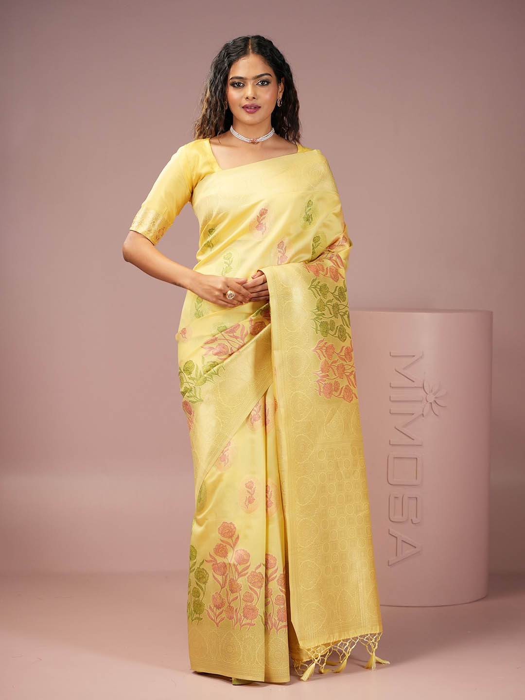 

MIMOSA Floral Zari Traditional Banarasi Saree, Yellow