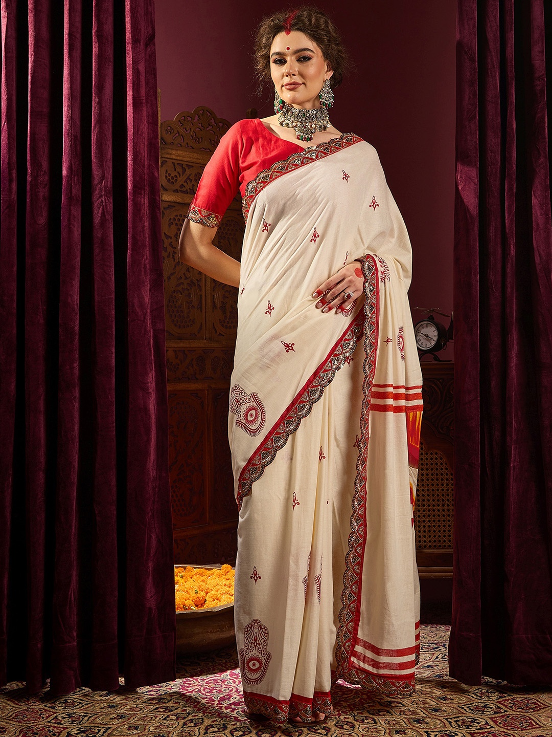 

Saree mall Ethnic Sequinned Embellished Durga Puja Saree, Off white