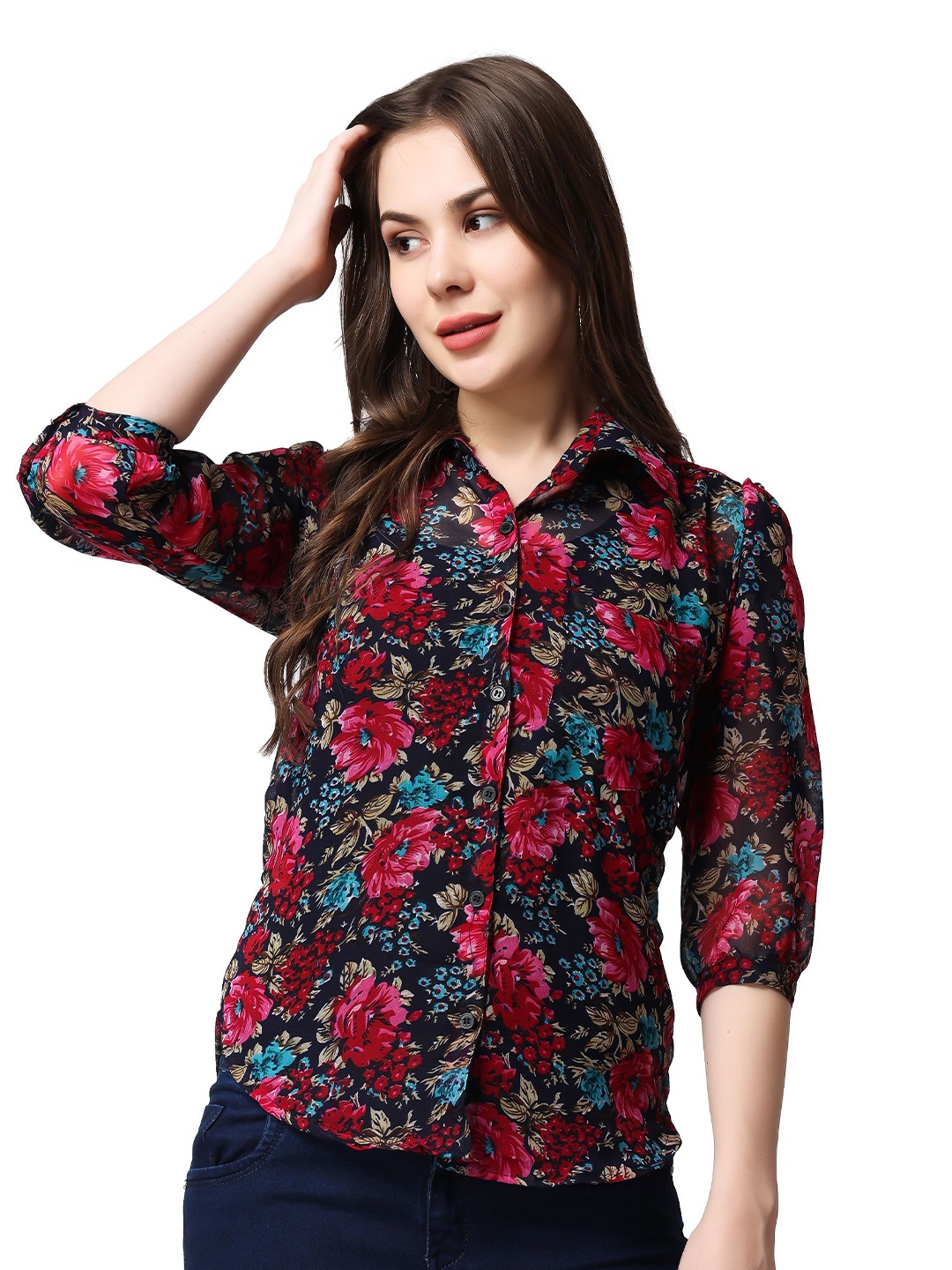 

SCORPIUS Women Classic Spread Collar Floral Printed Slim Fit Casual Shirt, Navy blue