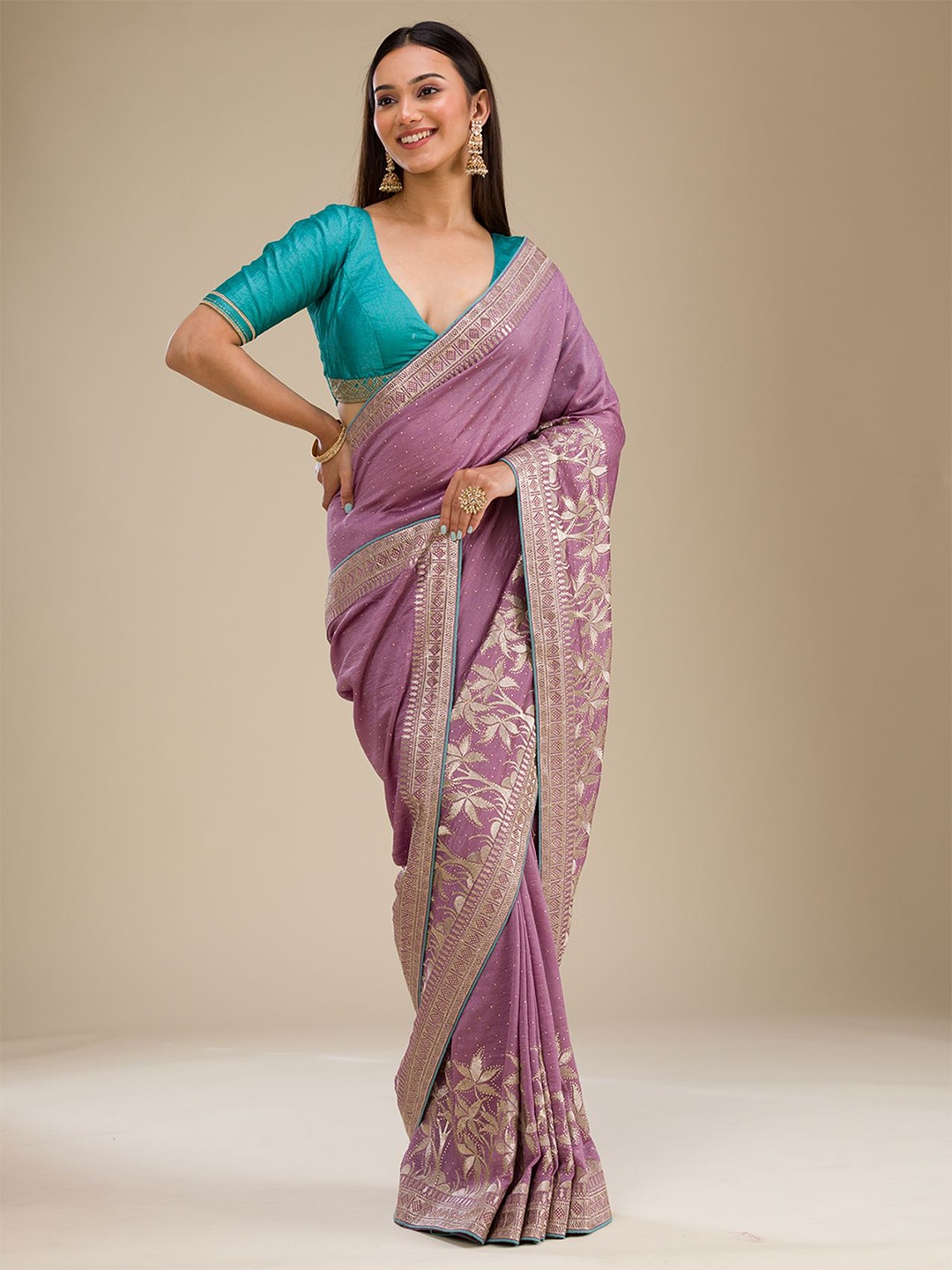 

Koskii Floral Embroidered Saree, Purple