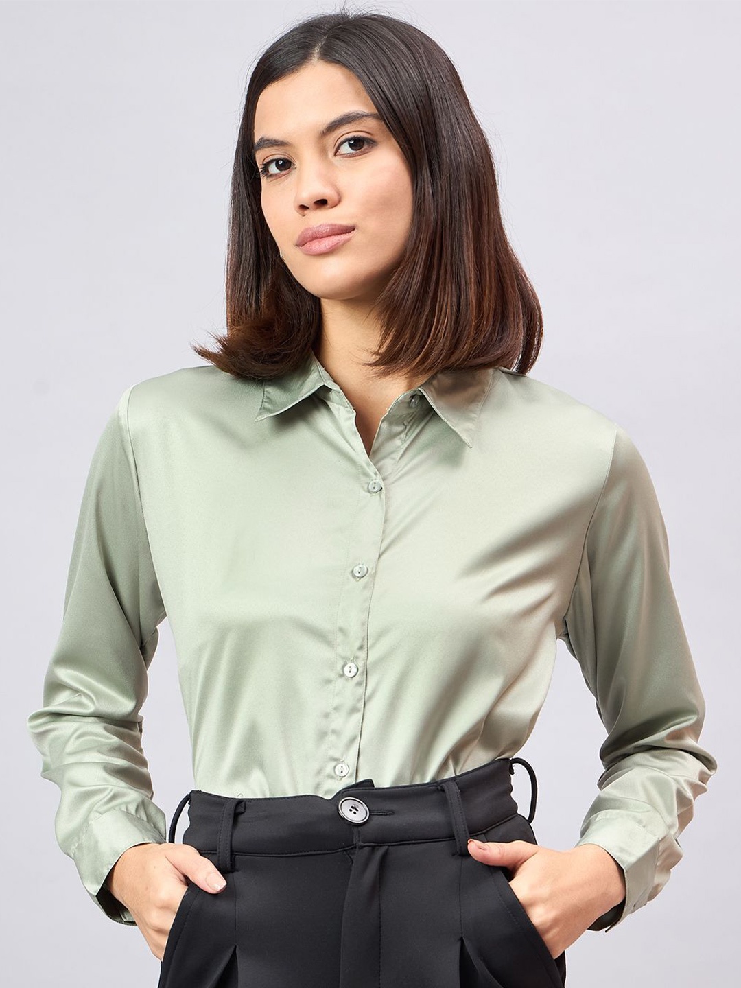 

Style Quotient Women Smart Spread Collar Solid Formal Shirt, Green