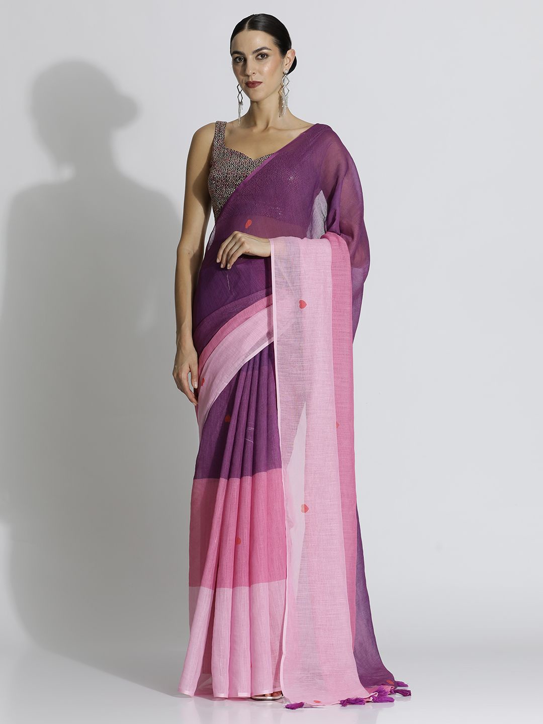 

Jaipur Kurti Tie and Dye Pure Linen Designer Saree, Pink