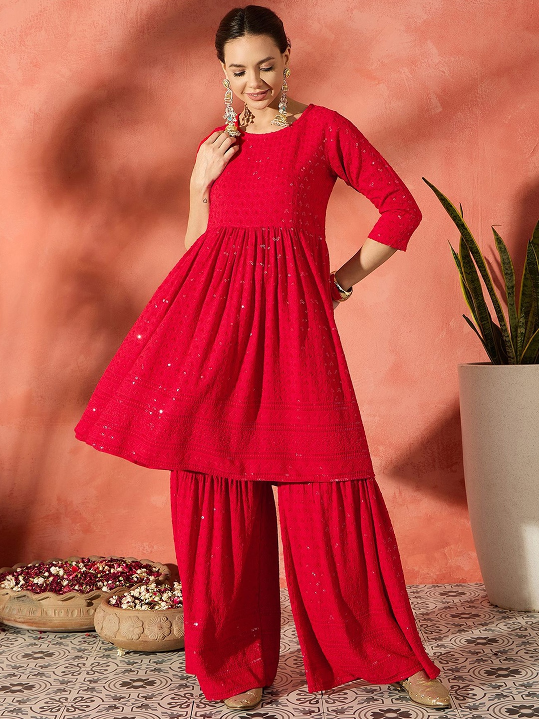 

InWeave Women Ethnic Motifs Embroidered Kurta Sharara Set, Red