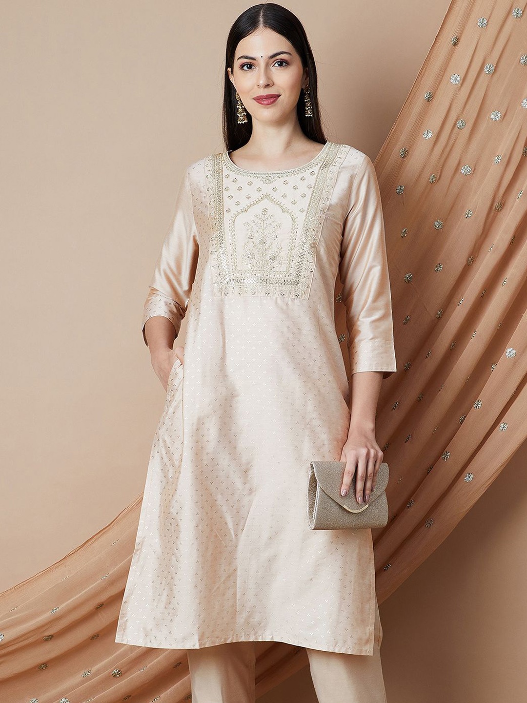 

Melange by Lifestyle Women Ethnic Motifs Embroidered Chikankari Kurta, Beige