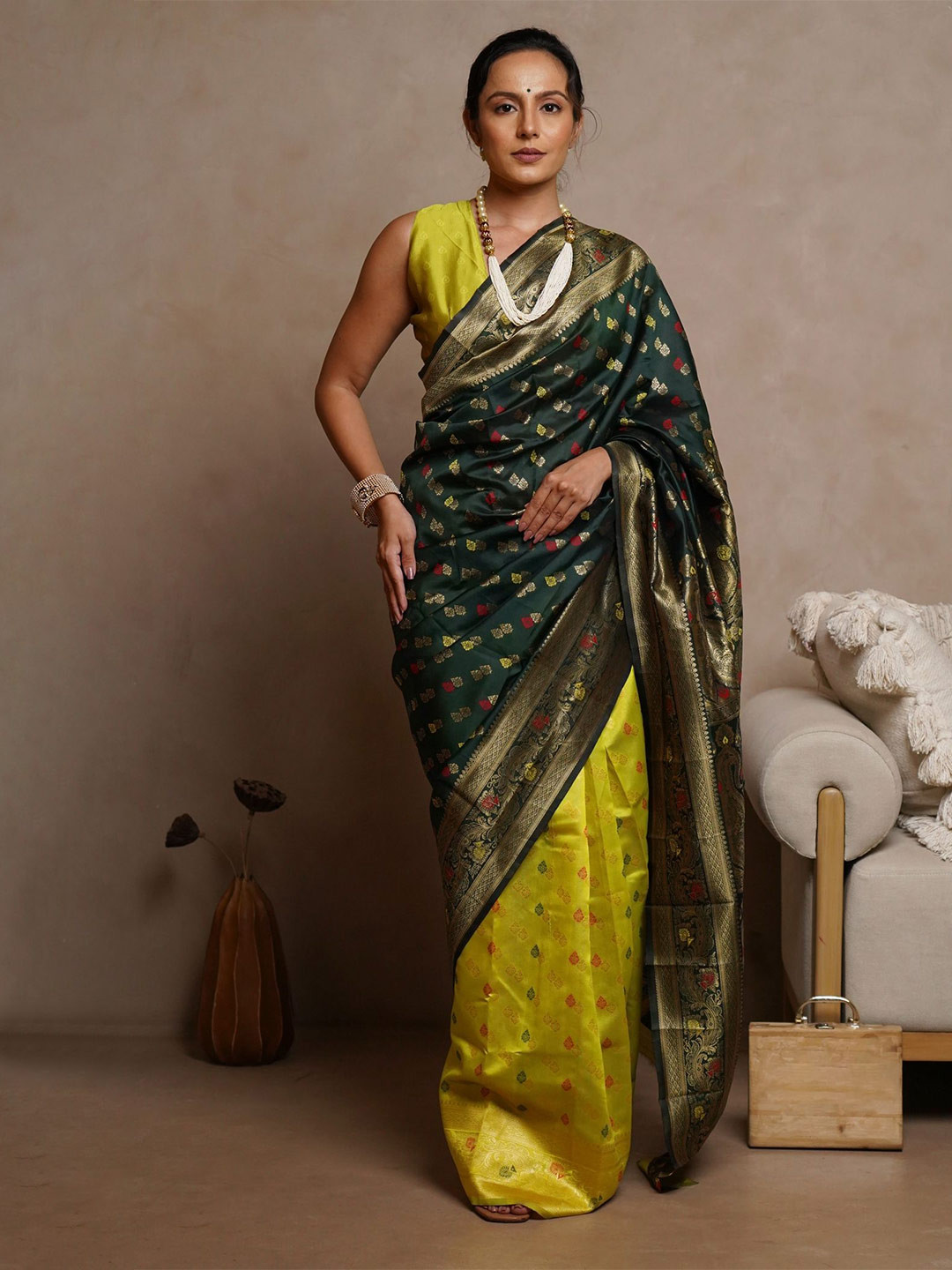 

Subham Woven Design Zari Silk Blend Half and Half Banarasi Saree, Green