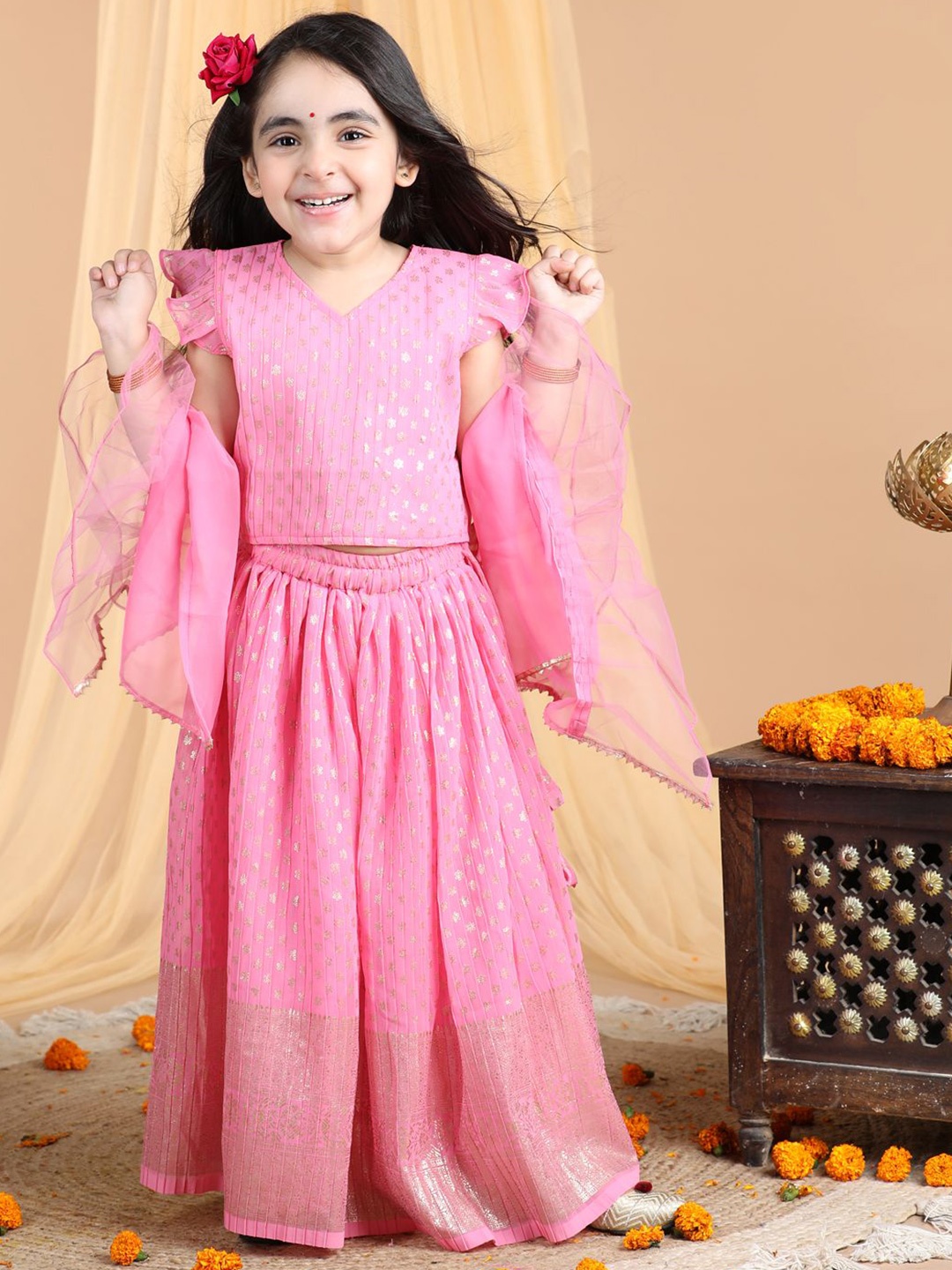 

Here&Now X Kinder Kids Girls Ready to Wear Lehenga & Blouse With Dupatta, Pink