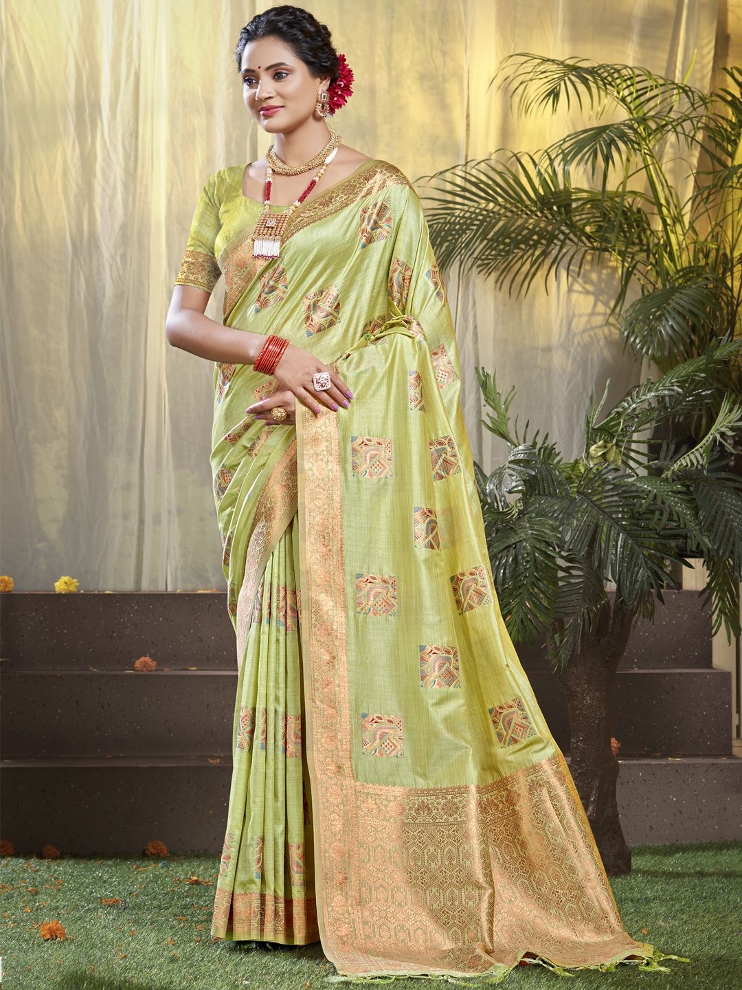 

SANGAM PRINTS Woven Design Zari Silk Blend Tussar Saree, Sea green