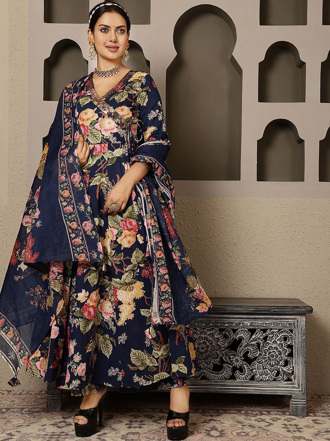 

GULMOHAR JAIPUR Women Printed Regular Pure Cotton Kurta with Palazzos & With Dupatta, Navy blue