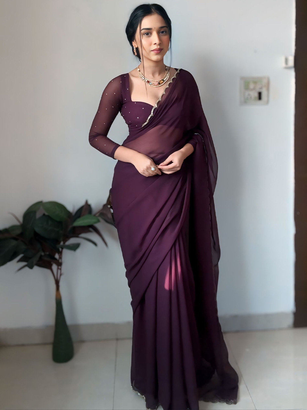 

TIEXA Beads and Stones Pure Georgette Saree, Purple