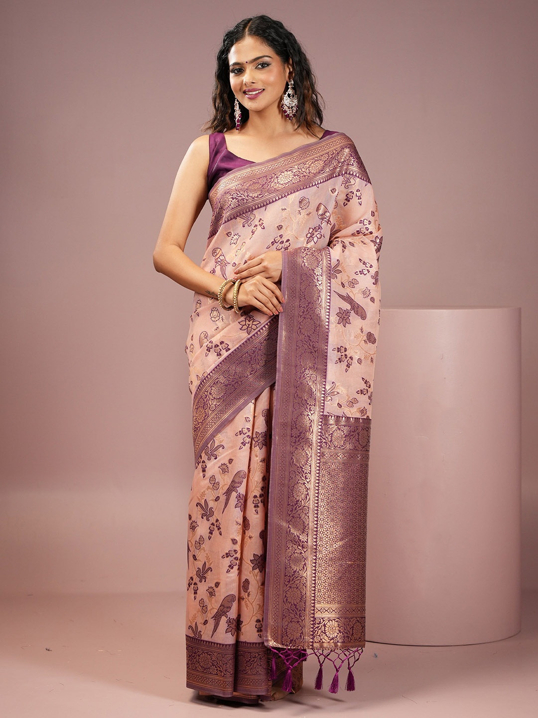 

MIMOSA Woven Design Zari Art Silk Banarasi Saree, Pink