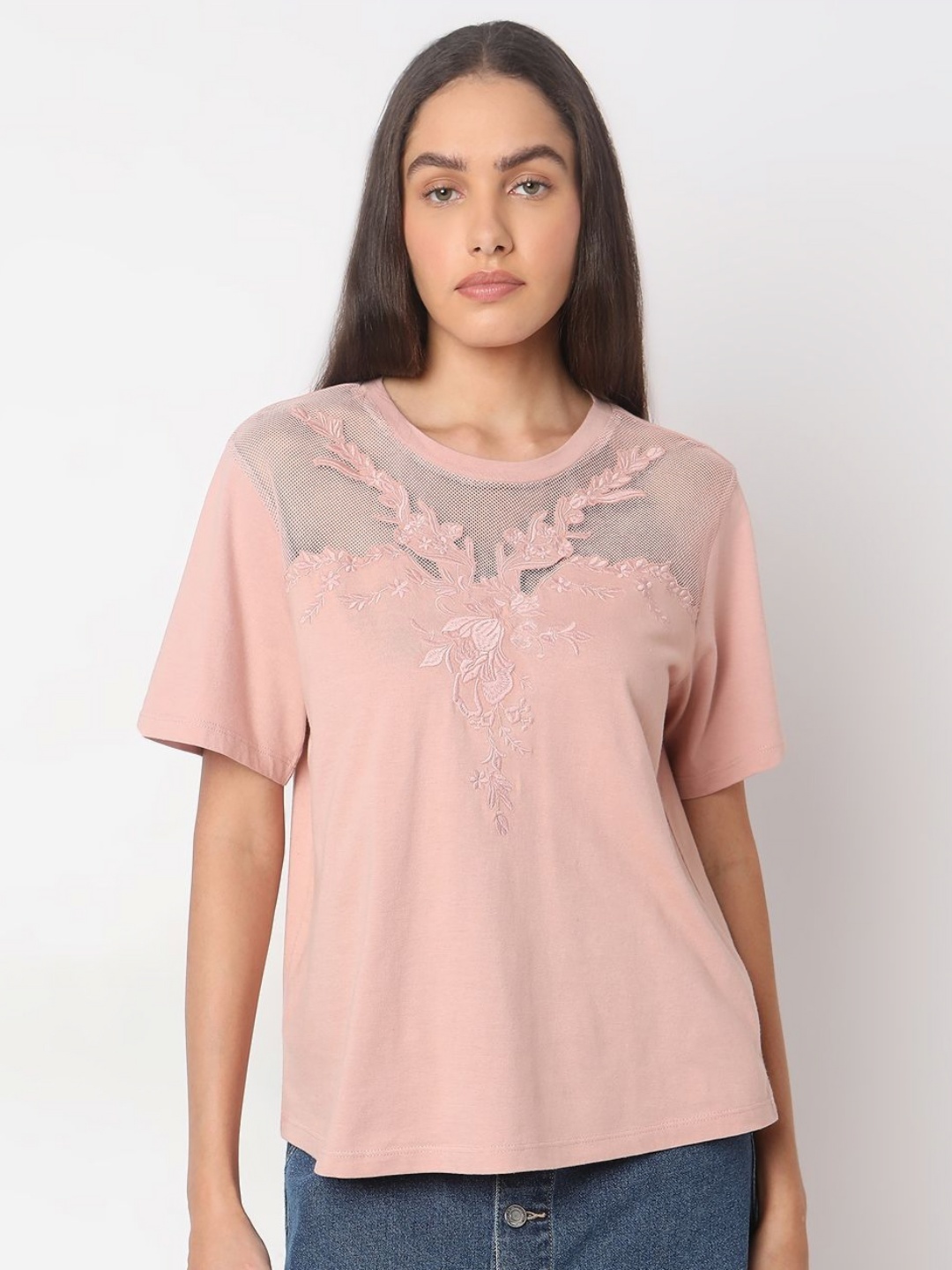 

Vero Moda Women Solid Round Neck Cotton T-shirt, Peach