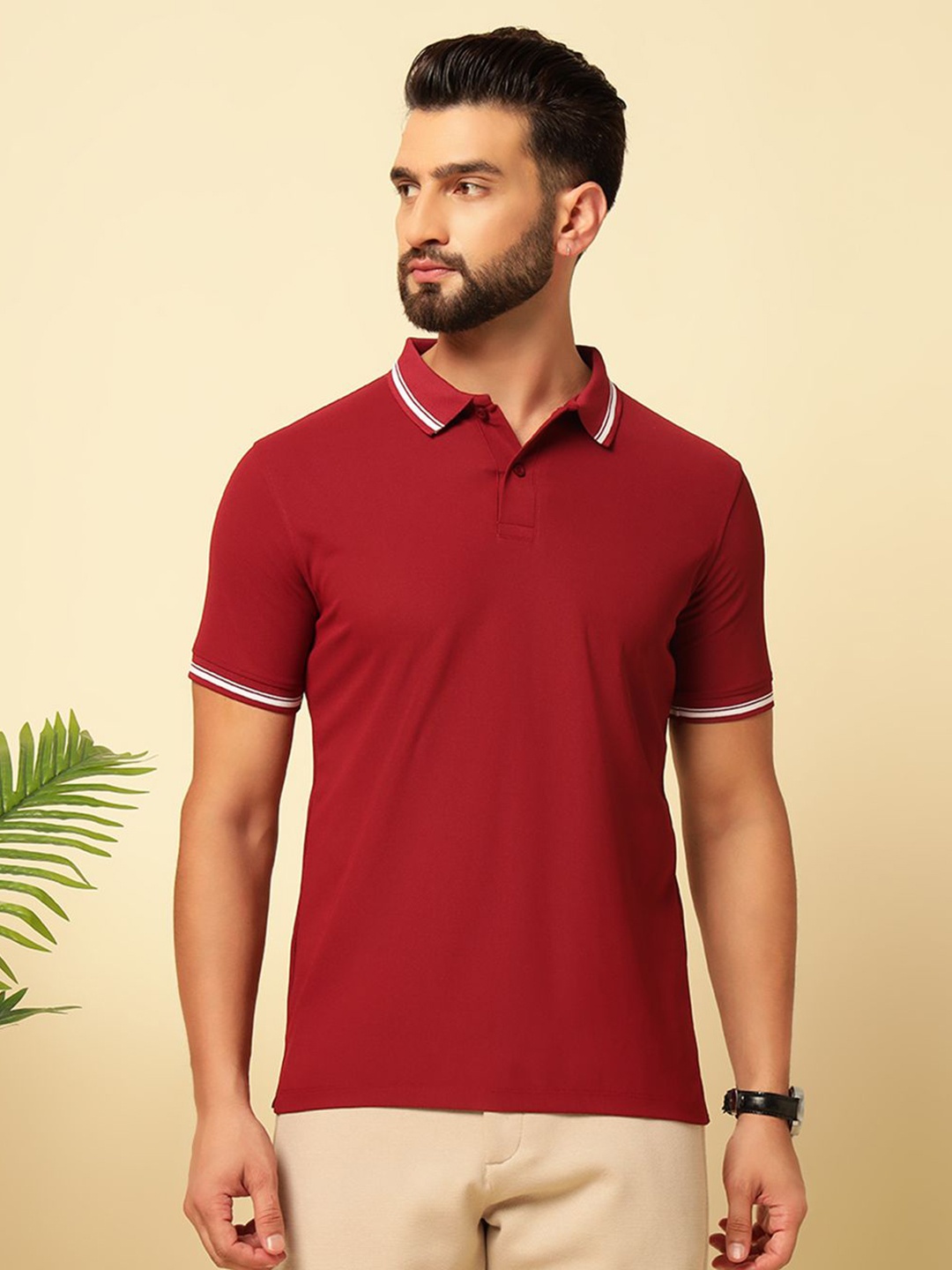 

MUWIN Men Solid Polo Collar Cotton T-shirt, Maroon