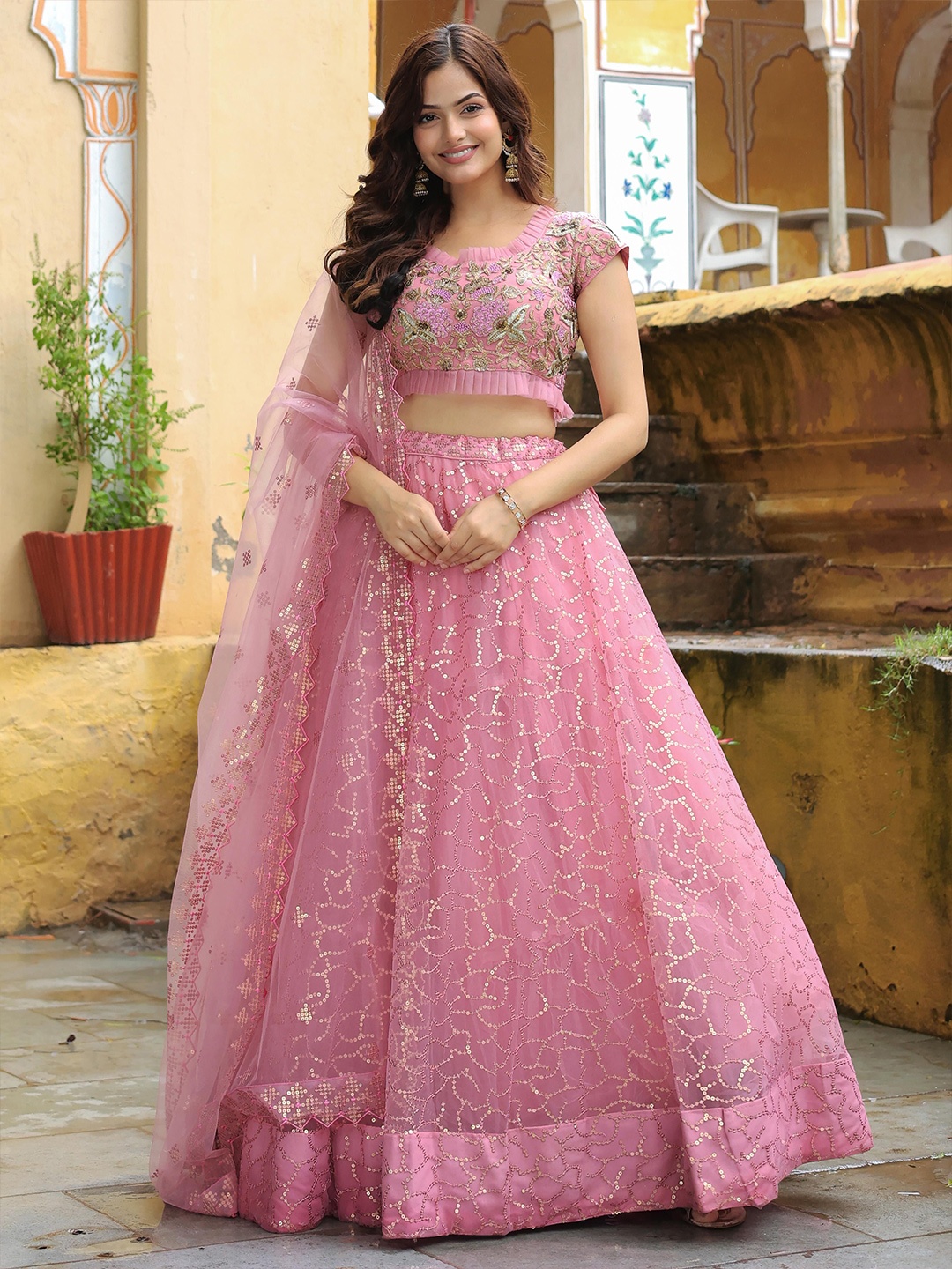 

FABPIXEL Embroidered Sequinned Semi-Stitched Lehenga & Unstitched Blouse With Dupatta, Pink