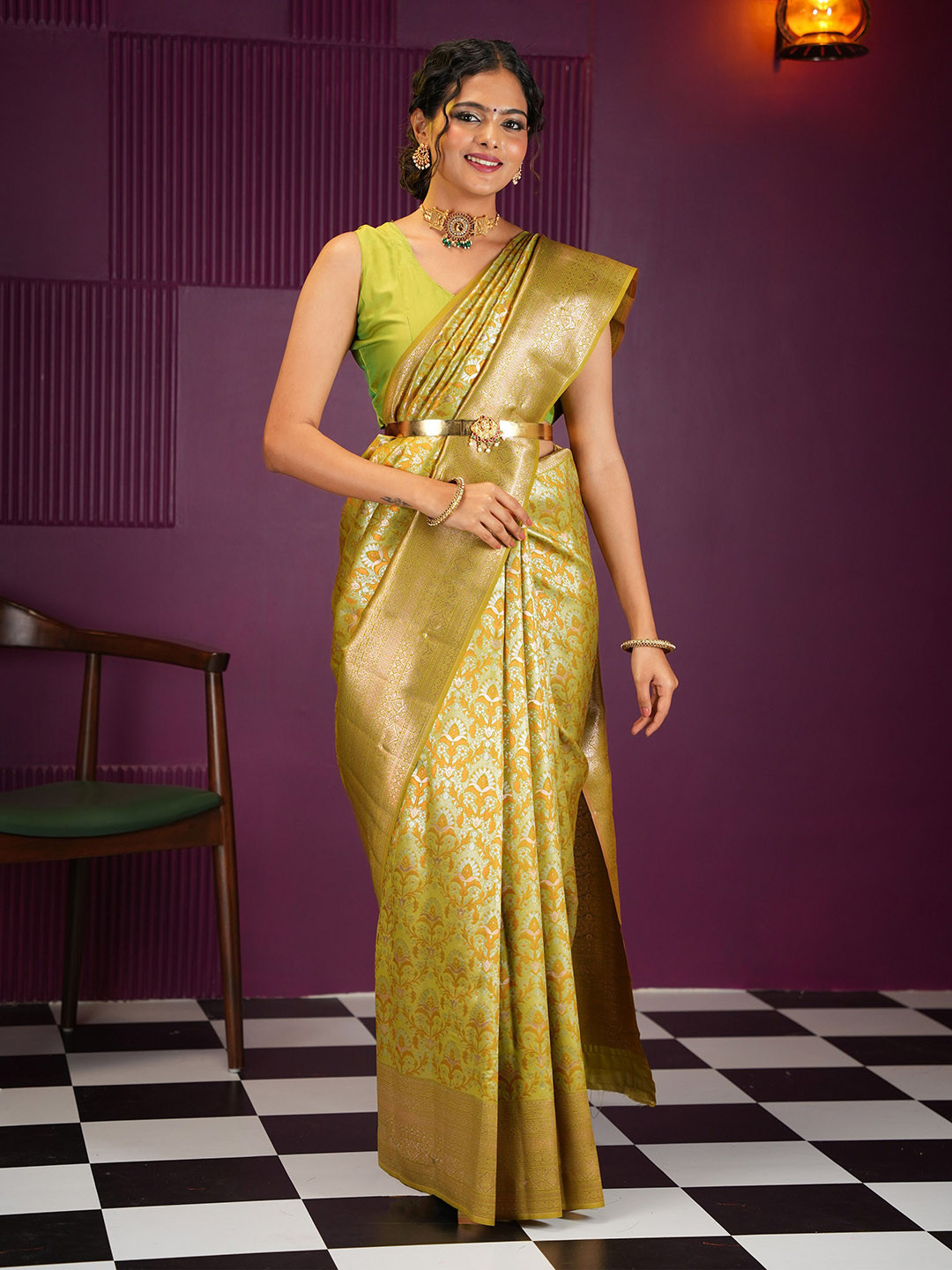 

MIMOSA Floral Zari Art Silk Kanjeevaram Saree, Olive
