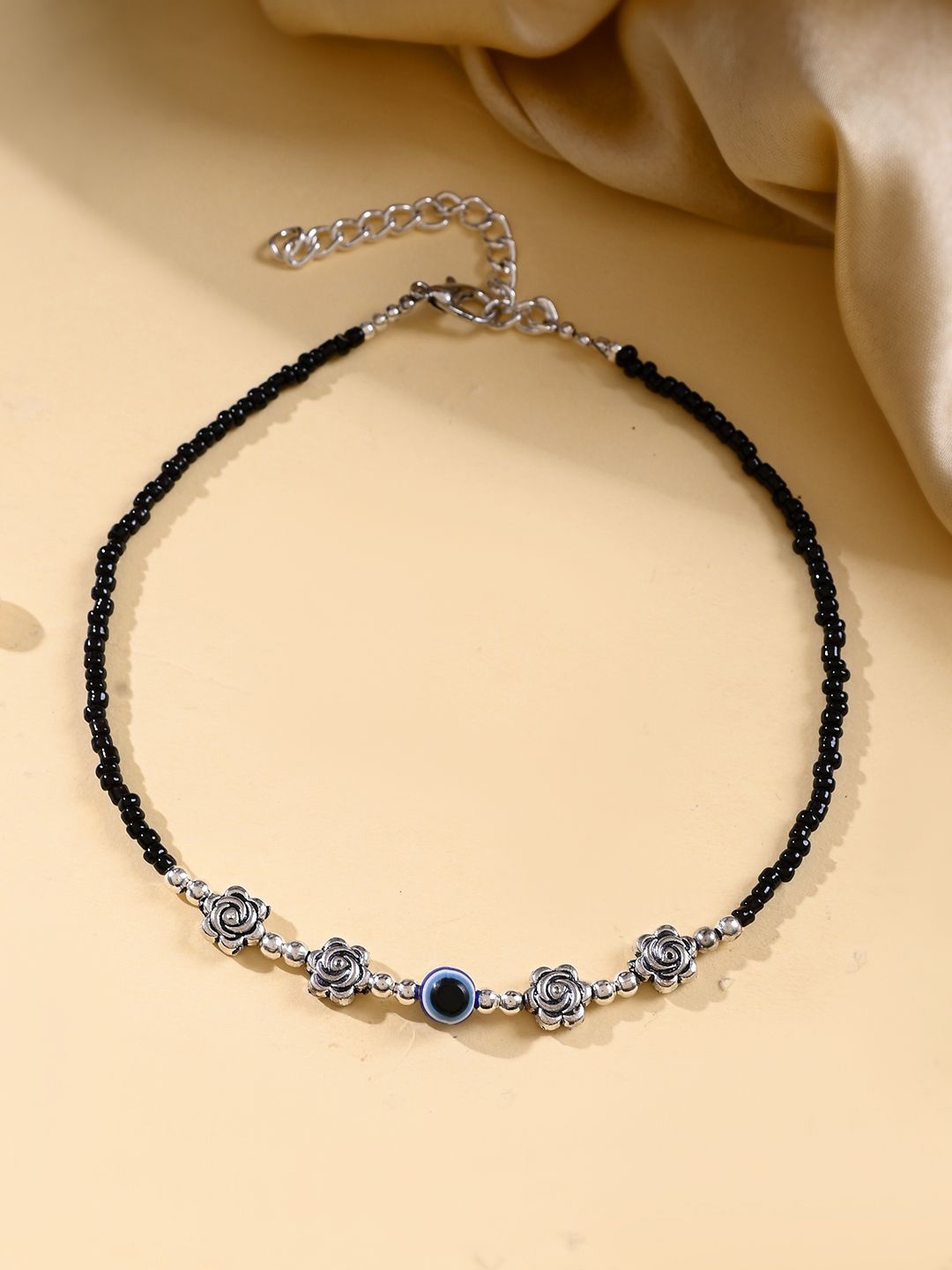 

Silvermerc Designs Silver-Plated Stone Studded & Beaded Evil Eye Single Anklet