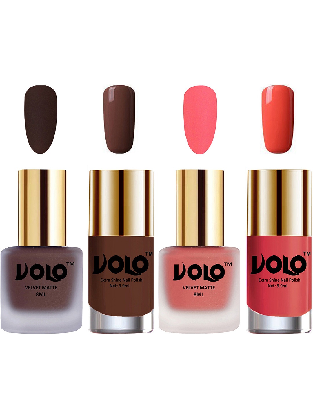 

VOLO Set Of 4 Velvet Matte & Extra Shine Nail Polish - 8 ml Each - 02 - 41 - 19 - 49, Brown