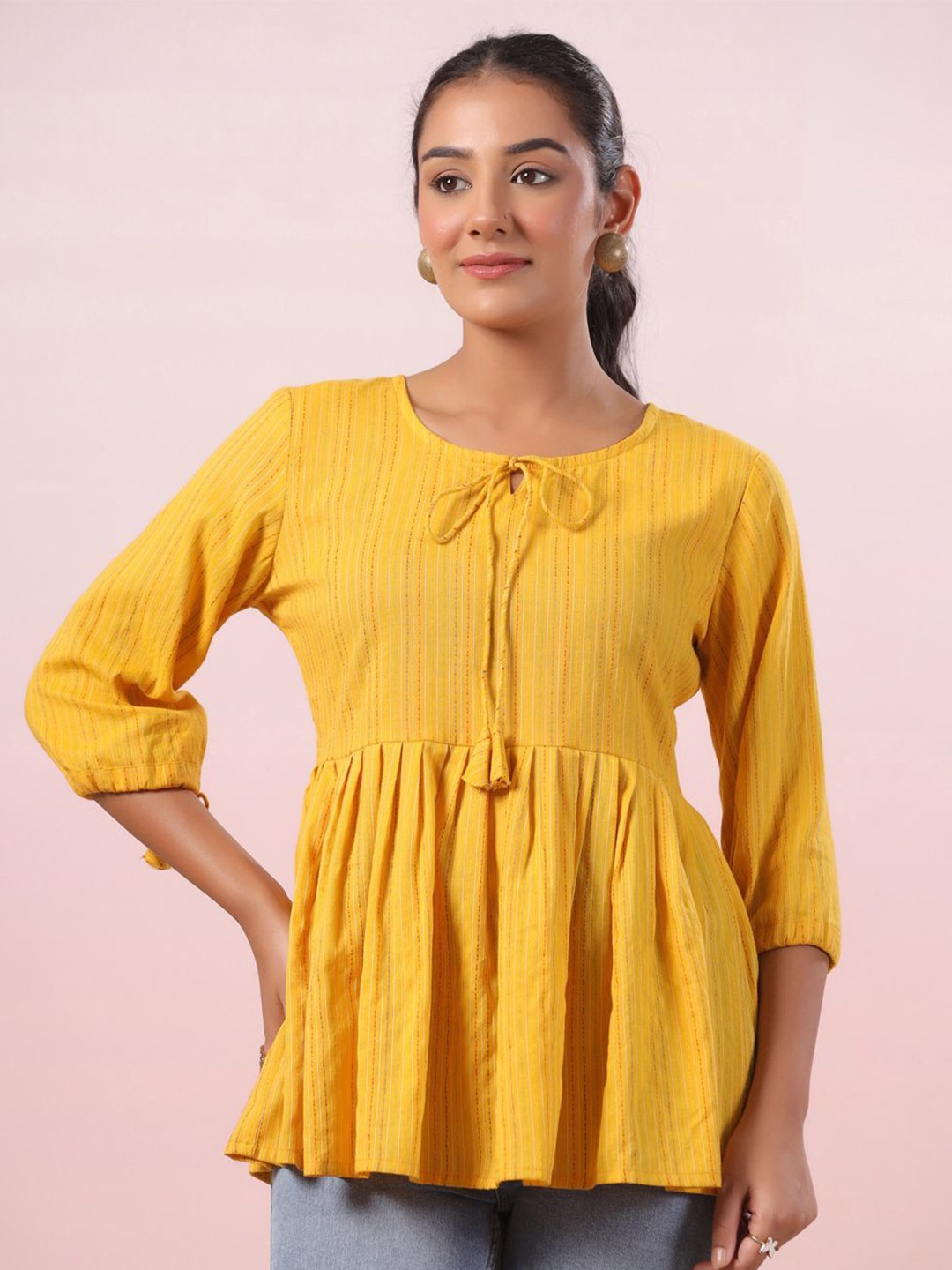 

LYFJ Women Solid Tie-Up Neck Cotton Top, Yellow