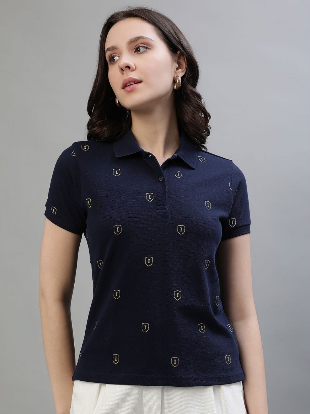 

Iconic Women Conversational Printed Polo Collar Cotton T-shirt, Navy blue