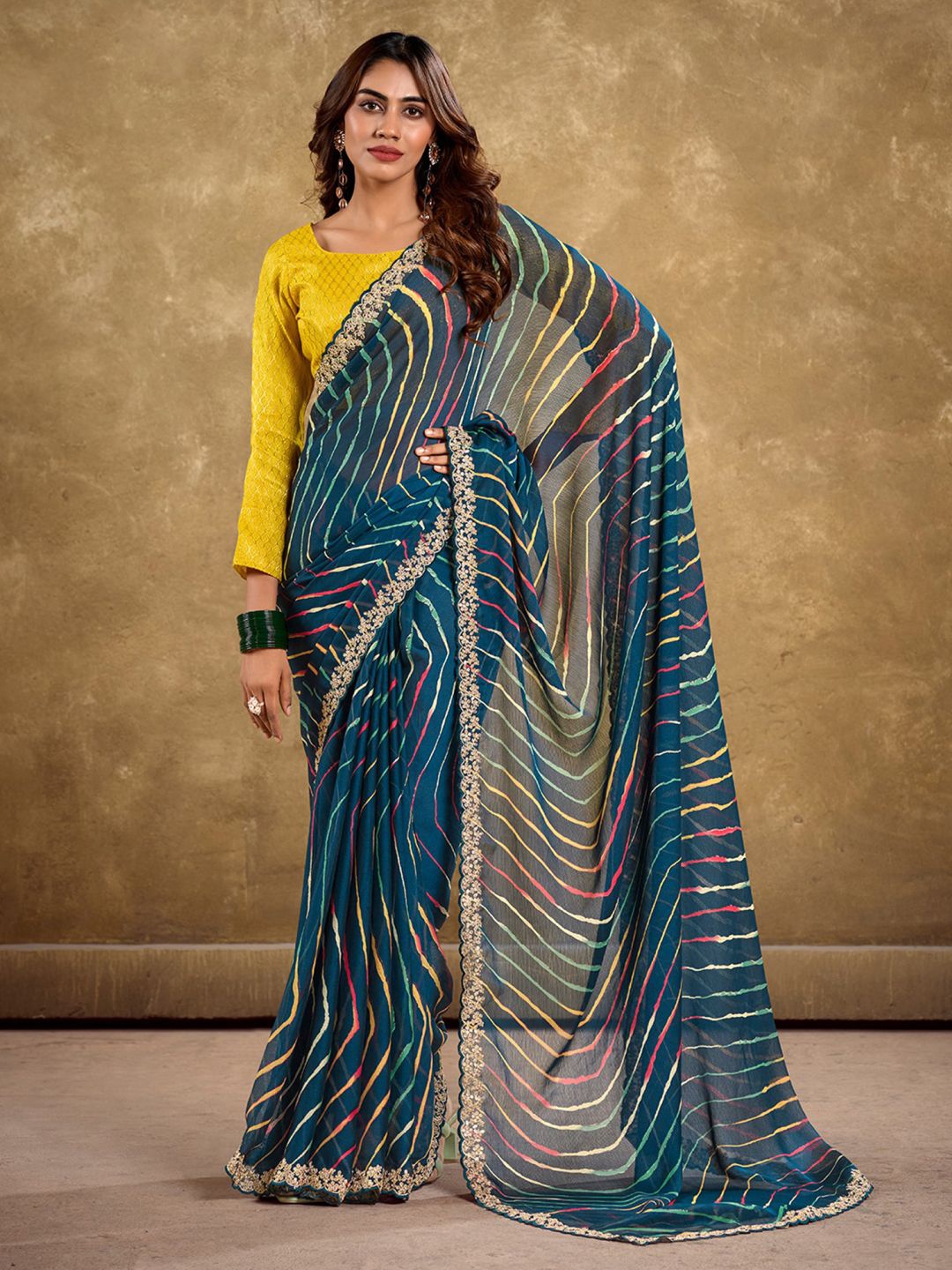 

Mitera Striped Printed Sequinned Saree, Teal