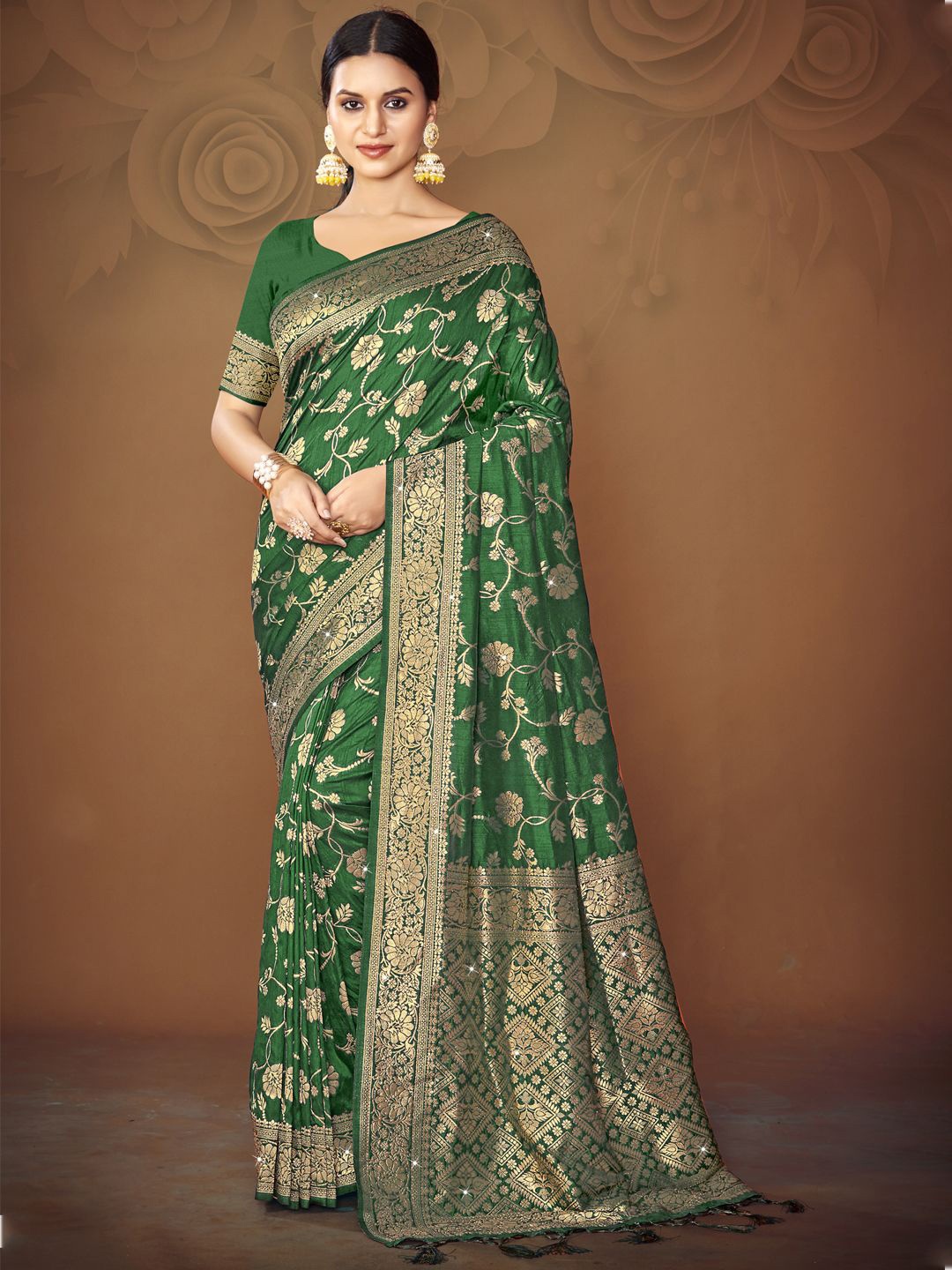

SANGAM PRINTS Woven Design Tussar Saree, Green