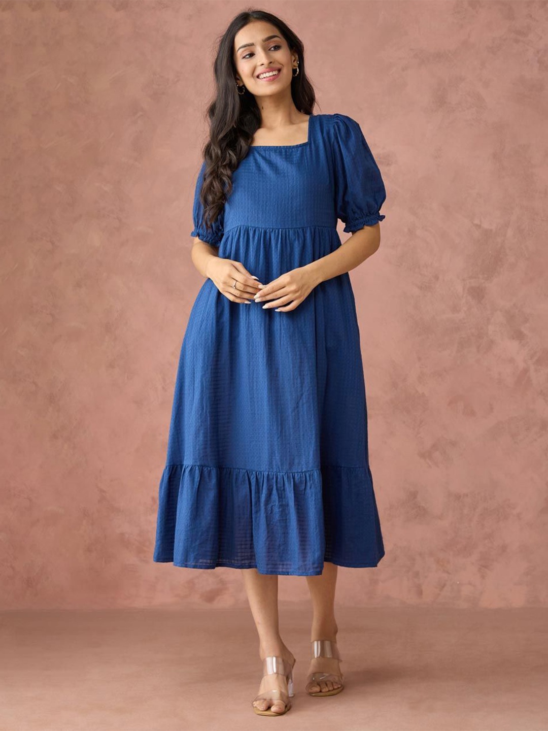 

Fabindia Women Fit & Flare Puff Sleeves Midi Dress, Navy blue