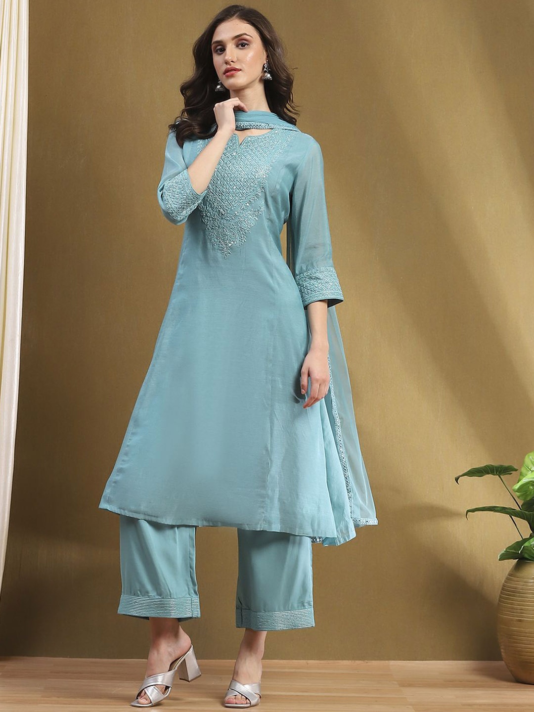 

Biba Women Yoke Design A-Line Kurta With Palazzos & Dupatta, Turquoise blue