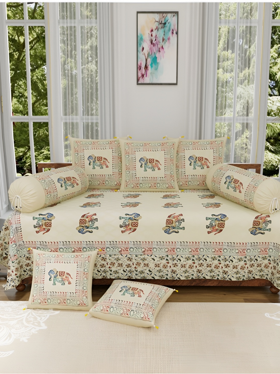 

The Craft Monk 8-Pcs Beige & Blue Printed Pure Cotton Diwant Set