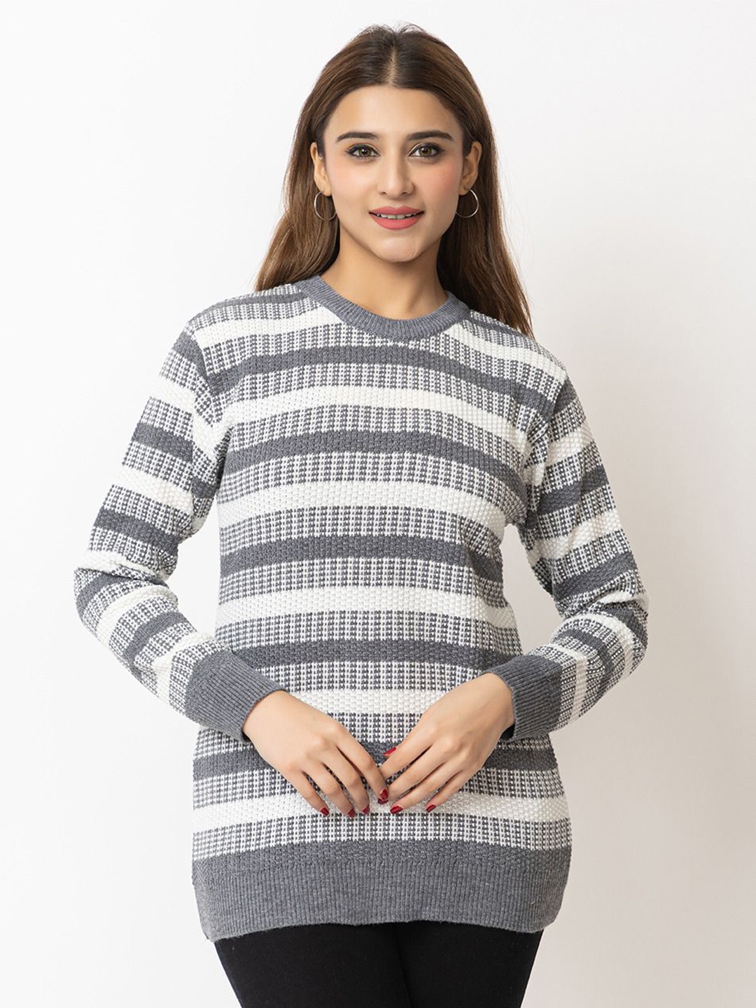 

LEZA Women Striped Pullover with Embroidered Detail, Grey