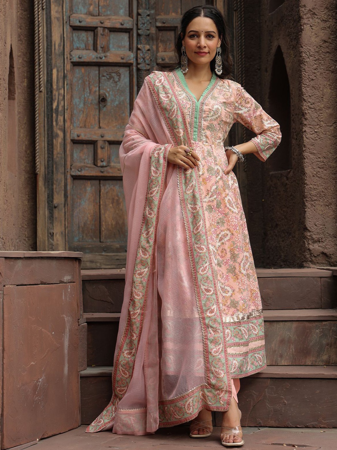 

Rain & Rainbow Paisley Printed Pure Cotton Anarkali Kurta With Trouser & Dupatta, Pink