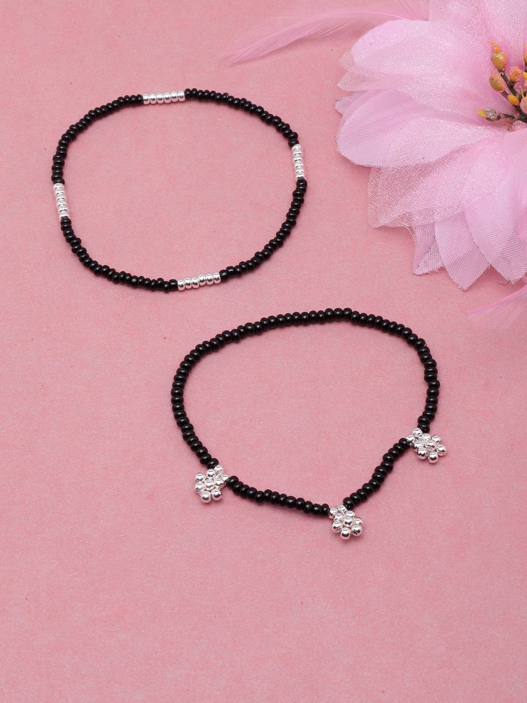 

KPOP Set Of 2 Beaded Charm Bracelets, Black