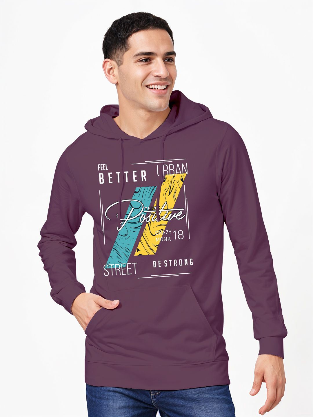 

Crazymonk Men Typography Printed Hood Cotton Pullover Sweatshirt, Maroon