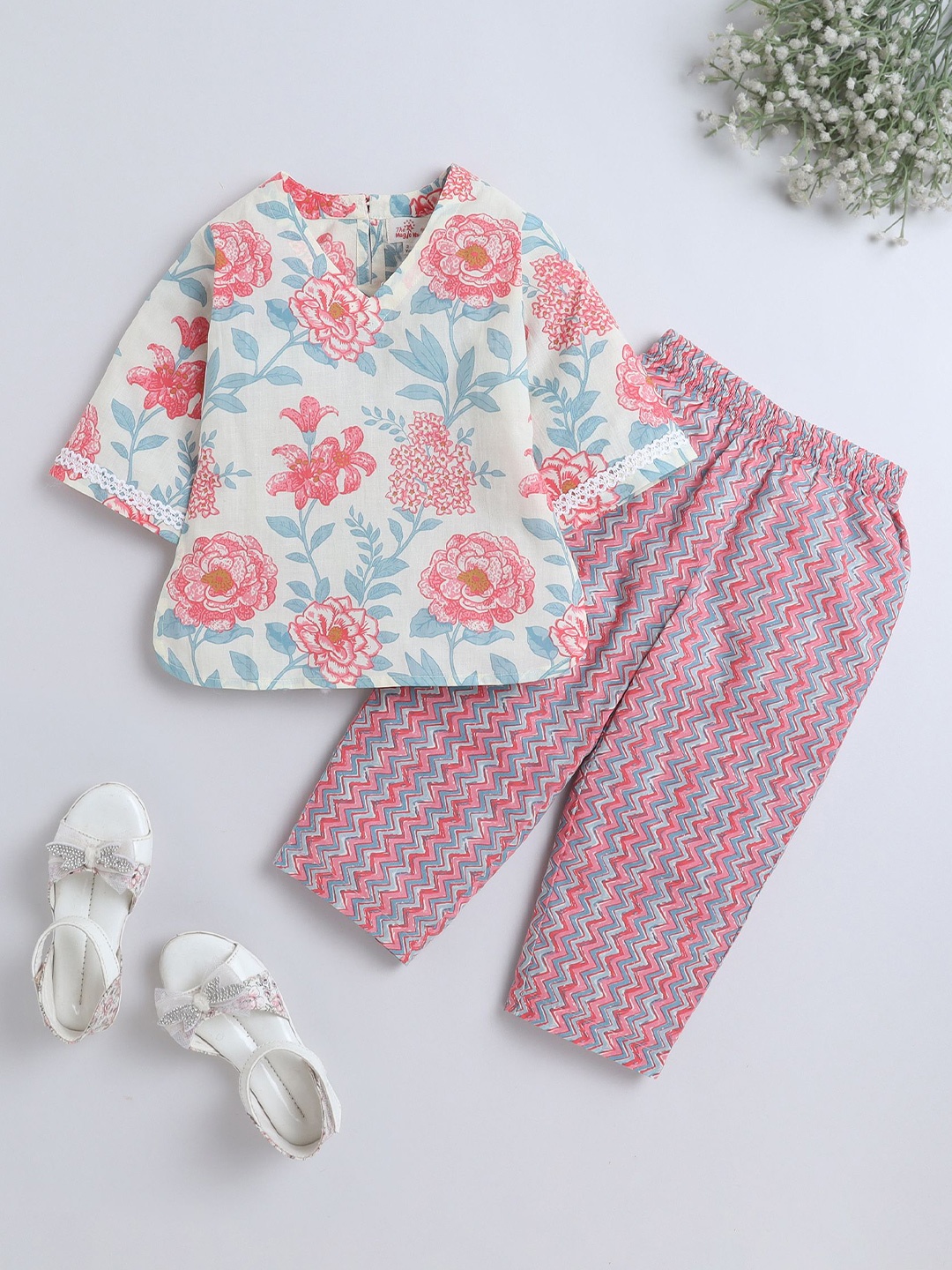 

The Magic Wand Girls Pure Cotton Printed Top with Pyjamas Clothing Set, White